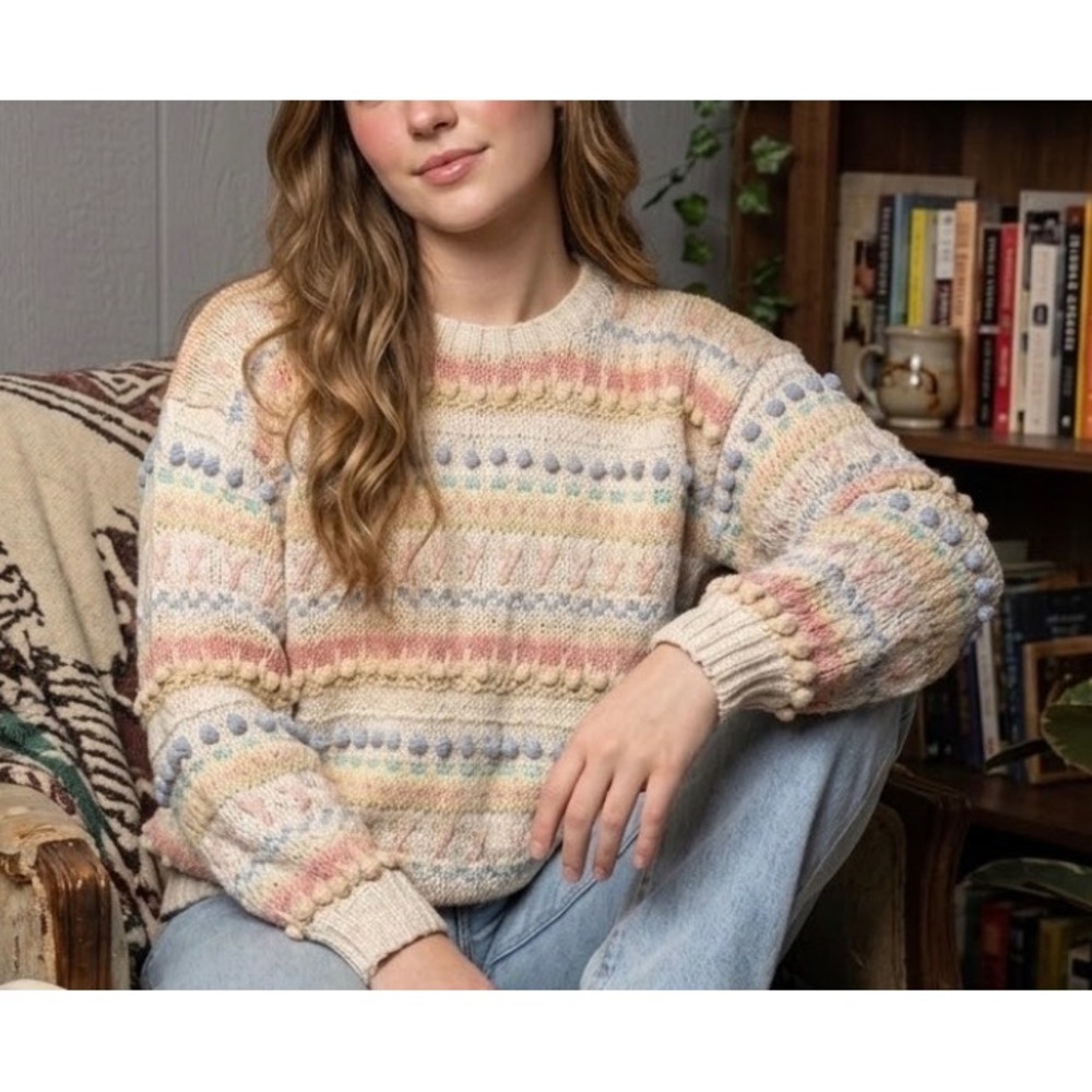 Northern Isles Hand Knit Bobble Sweater Pastel Striped Granny Core Large